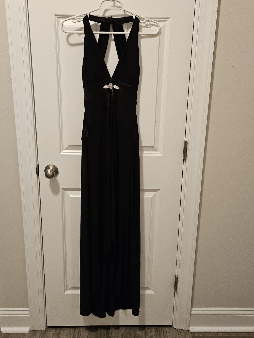 Morgan 4 Ever Black Halter Maxi Dress with Center Accent